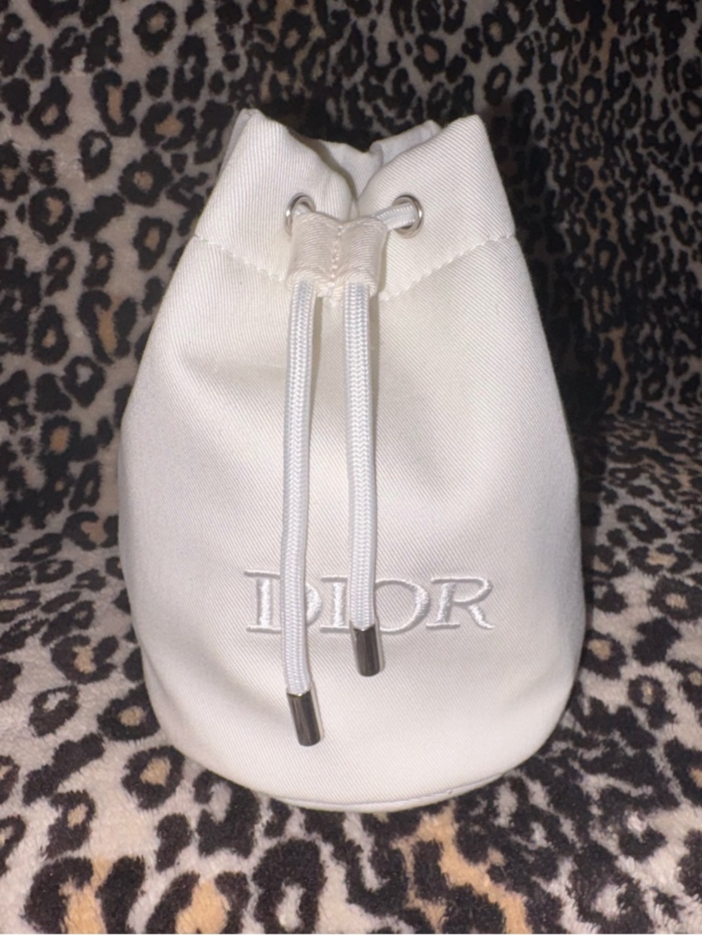 Dior White Embroidered Drawstring Mini Bucket Bag